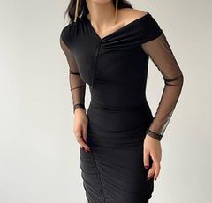 Asymmetric Neck Drape Midi Dress With Front Slit - Black
