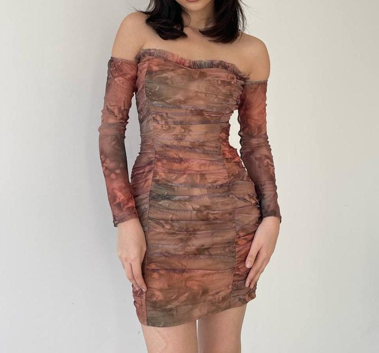 Sweetheart Neck Line Mesh Ruched Mini Dress - Printed