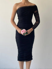 One Shoulder Mesh Ruched Midi Dress - Black
