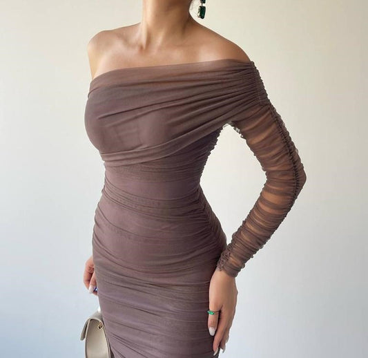 One Shoulder Mesh Ruched Midi Dress - Nude