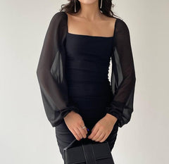 Chiffon Balloon Sleeve Drape Midi Dress - Black