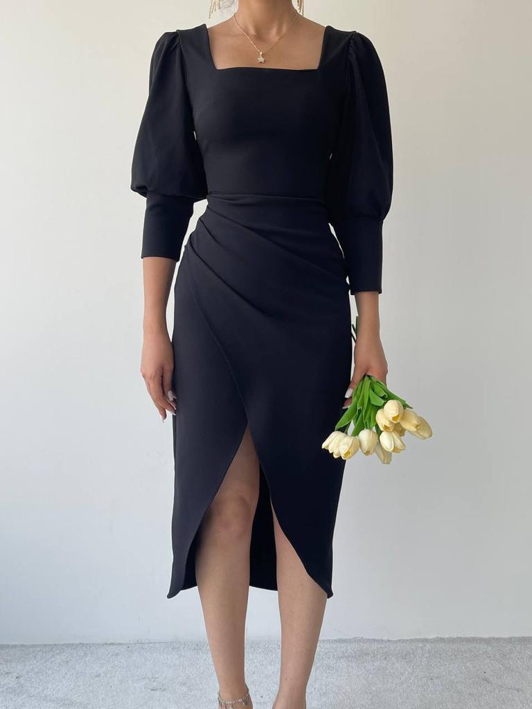 Square Neck Drape Midi Dress With Front Slit - Black