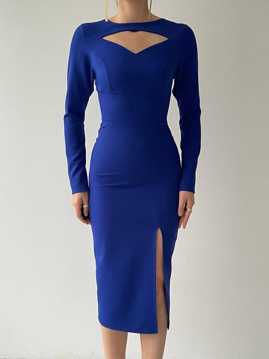 Cut Out Sweetheart Neck Line Midi Dress With Side Slit - Royal Blue