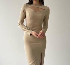 Cut Out Sweetheart Neck Line Midi Dress With Side Slit - Beige
