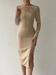 Cut Out Sweetheart Neck Line Midi Dress With Side Slit - Beige