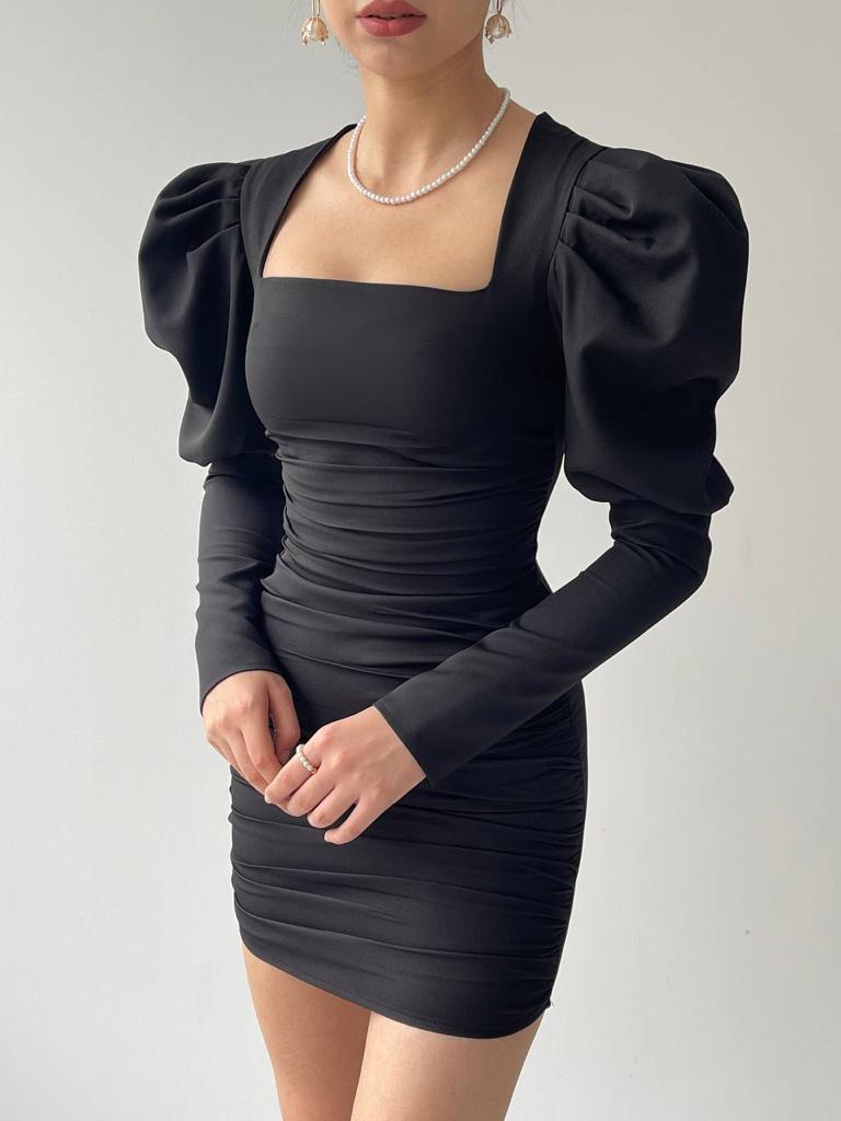 Ruched Sleeve Square Neck Drape Mini Dress - Black