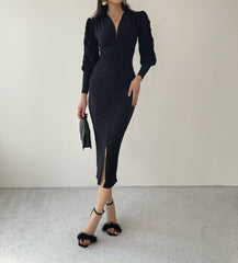 V-Neck Drape Midi Dress With Front Slip - Black