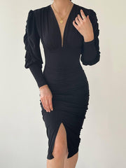V-Neck Drape Midi Dress With Front Slip - Black