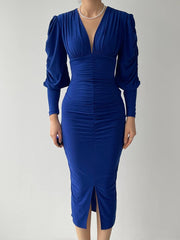 V-Neck Drape Midi Dress With Front Slip - Royal Blue