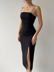 Woven Side Slit Midi Dress - Black