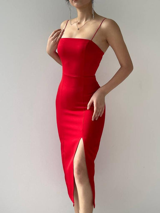 Woven Side Slit Midi Dress - Red