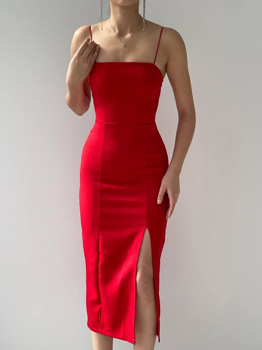 Woven Side Slit Midi Dress - Red