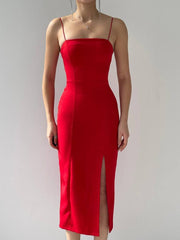 Woven Side Slit Midi Dress - Red