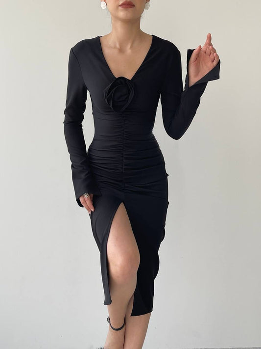 Rose Detail V-Neck Drape Dress With Front Slit - Black