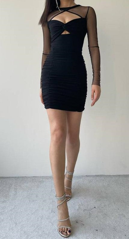 Cut Out Sweetheart Neck Line Drape Mini Dress - Black