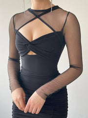 Drapiertes Minikleid mit Cut-out und herzförmigem Ausschnitt – Schwarz