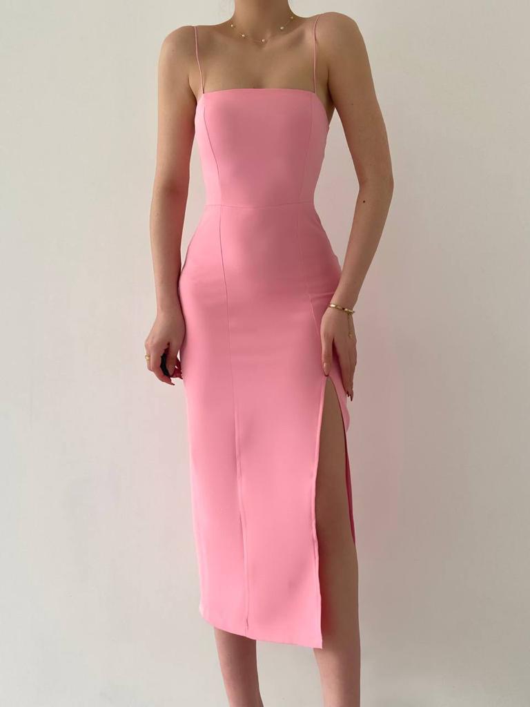 Woven Side Slit Midi Dress - Pink