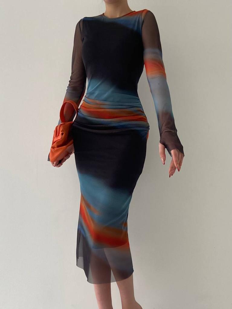 Tie Dye Off Print Midi Dress With Ruched Sides - Multi-Coloured