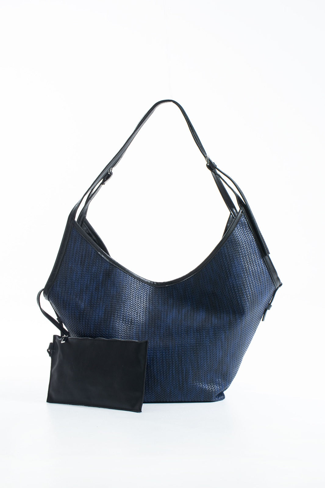 Woven Vegan Leather Large Slouchy Hobo Bag – 2-Piece Set with Matching Clutch - Dark Navy