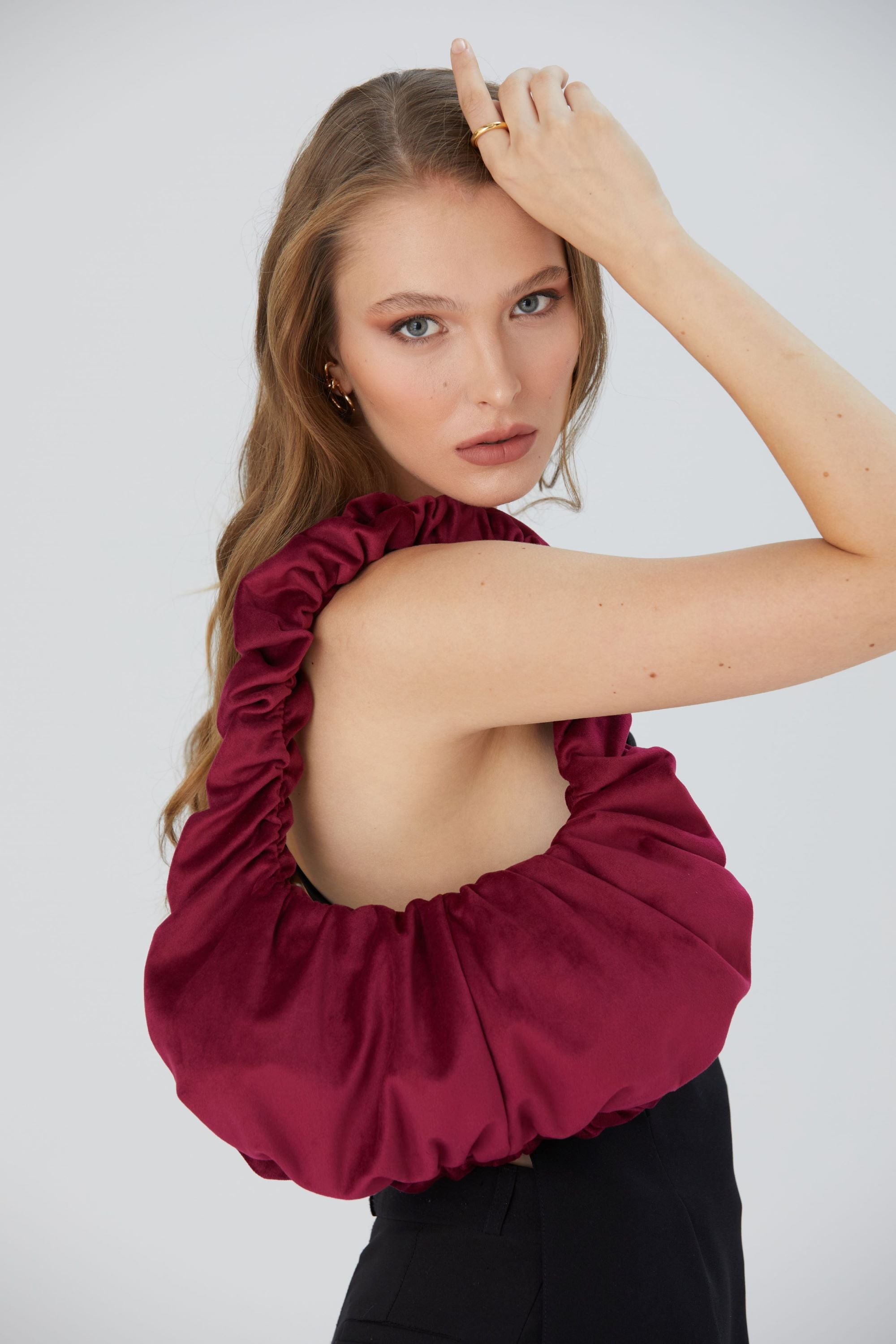 Pleated Shoulder Bag - Burgundy