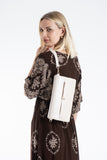Crinkle Patent Flap Closure Wristlet & Clutc&Crossbody  3-in-1 Handbag - Cream