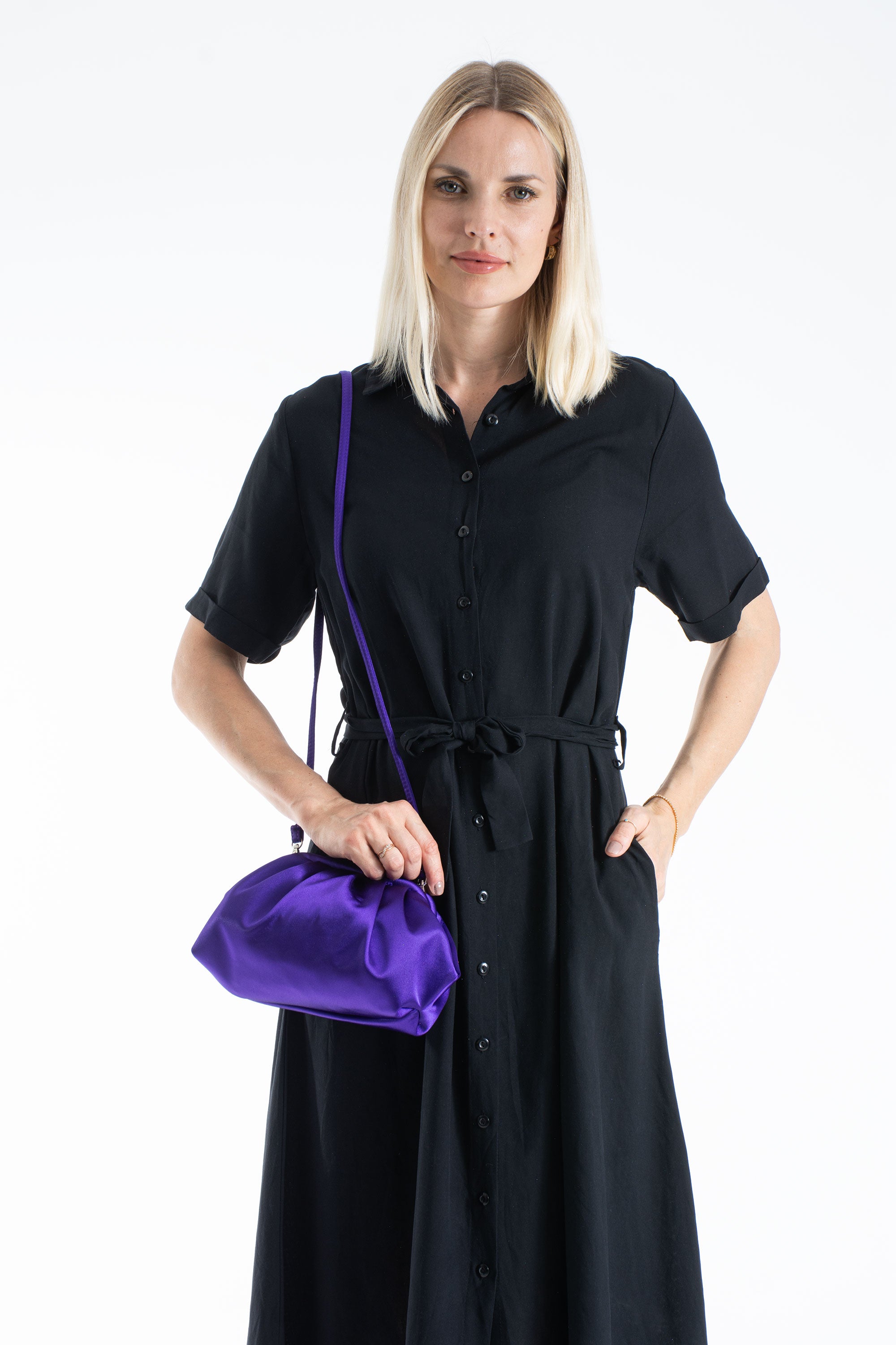 Satin Pouch Bag With Detachable Crossbody Strap - Purple