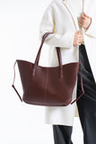 Pu Leather Large Tote Bag with Matching Zipper Pouch  2PCS Set - Burgundy