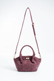 Woven Suede Top Handle Crossbody Bag with Twist Lock Detail - Burgundy