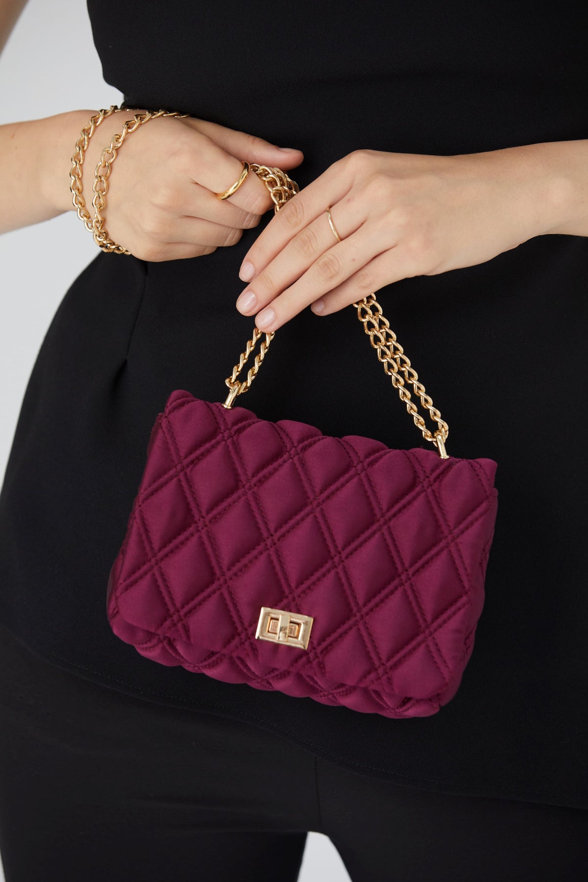 Quilted Satin Mini Crossbody & Shoulder Bag - Burgundy