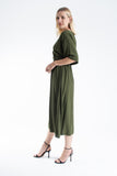 Womens Viscose V Neck Short Sleeve Midi Dress - Khaki