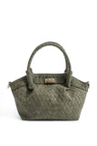 Woven Suede Top Handle Crossbody Bag with Twist Lock Detail - Khaki