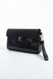 Crinkle Patent Flap Closure Wristlet & Clutc&Crossbody  3-in-1 Handbag - Black