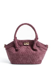 Woven Suede Top Handle Crossbody Bag with Twist Lock Detail - Burgundy