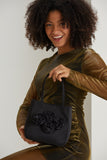 Floral Satin Handbag with Detachable Crossbody Strap - Black