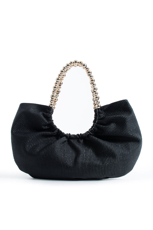 Woven PU Leather Slouchy Tote with Beaded Strap 2PCS Set - Black