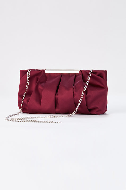 Pleated Satin Clutch Bag with Detachable Strap - Burgundy
