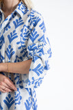 Women’s Linen Blend Leaf Print Midi Shirt Dress - Blue