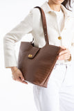 Texured Pu Leather Tote Bag with Matching Zipper Pouch 2PCS Set - Brown