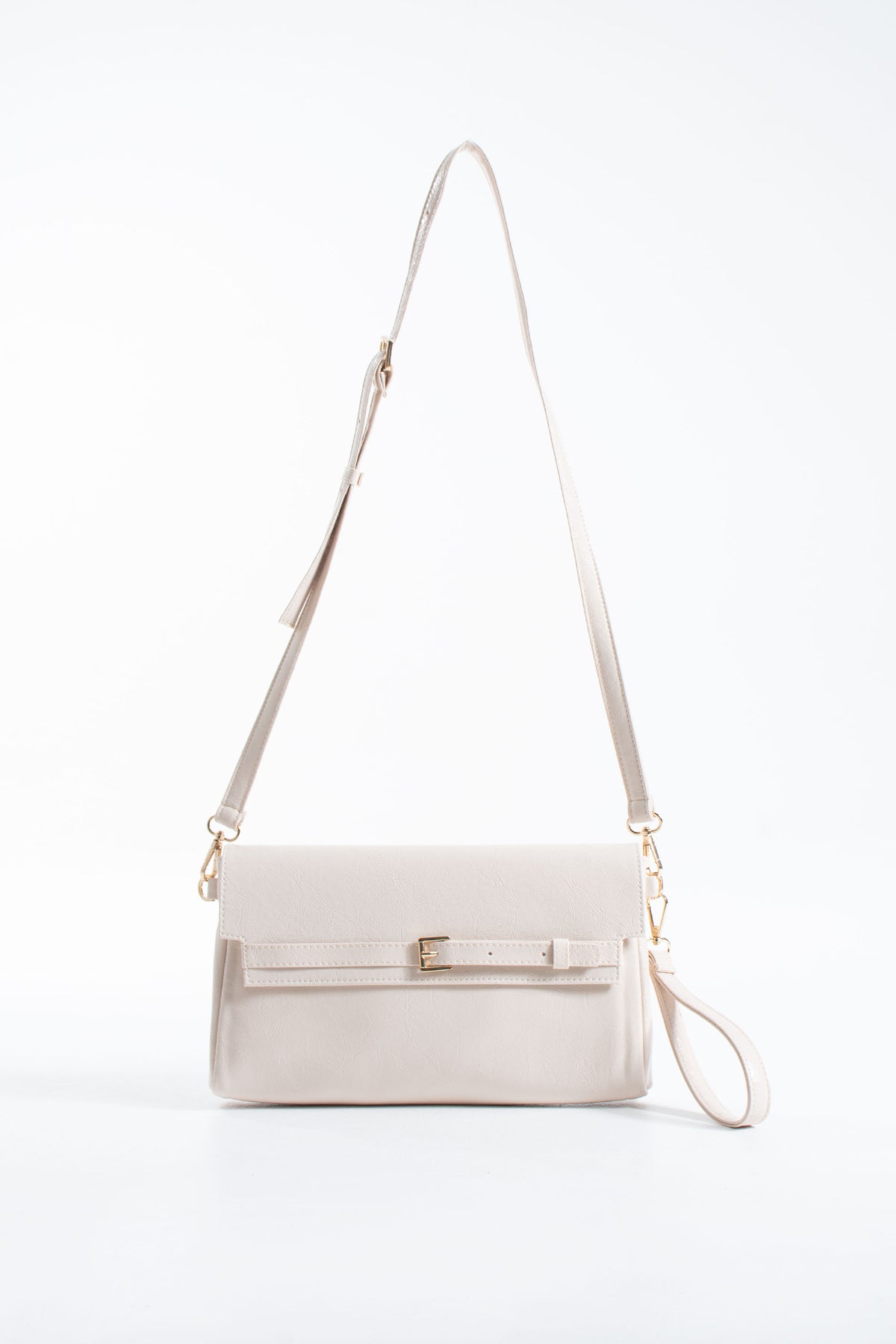 Crinkle Patent Flap Closure Wristlet & Clutc&Crossbody  3-in-1 Handbag - Cream