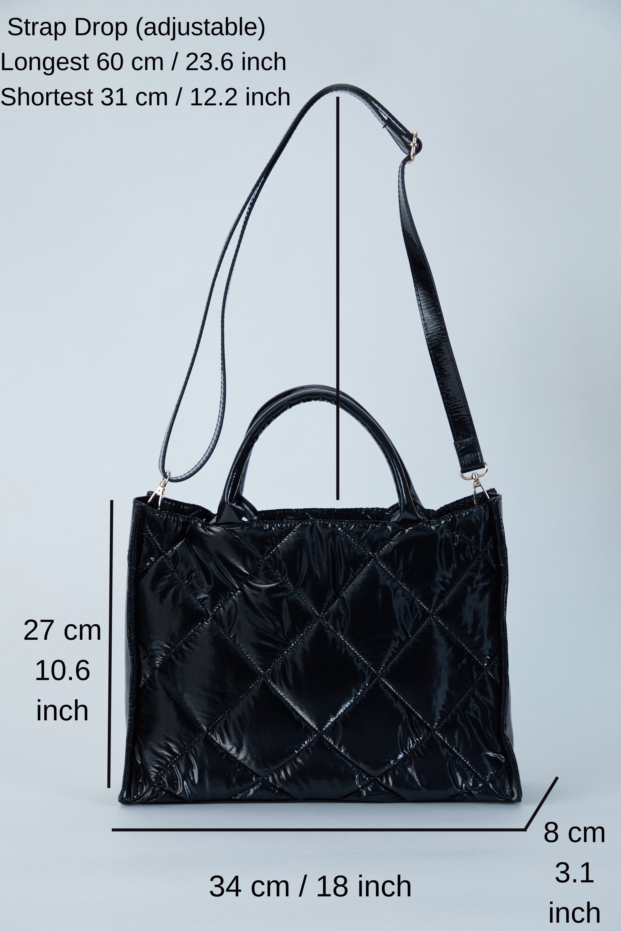 Quilted Tote Bag with Detachable Crossbody Strap - Black