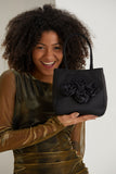 Floral Satin Handbag with Detachable Crossbody Strap - Black
