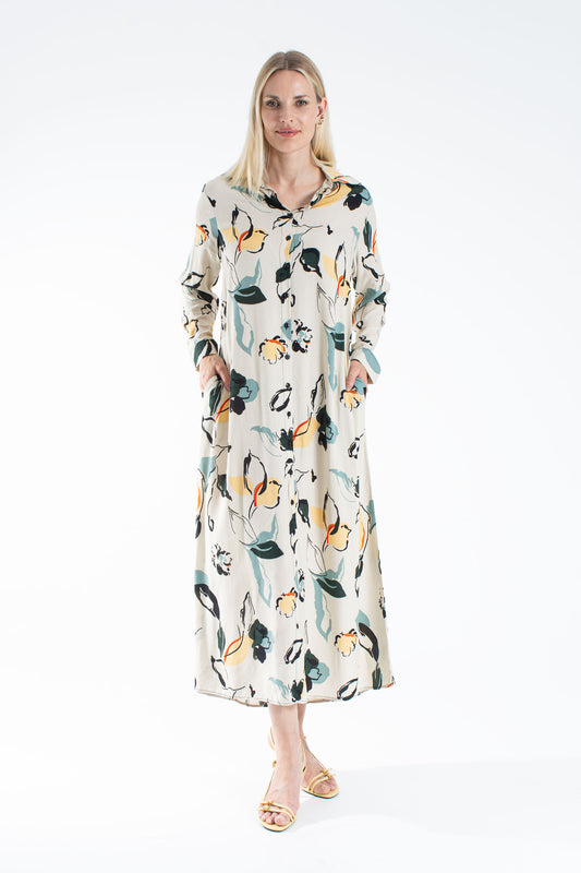 Womens Viscose Abstract Floral Maxi Shirt Dress
