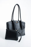 Large PU Leather Shopper Tote Bag with Matching Pouch - Black