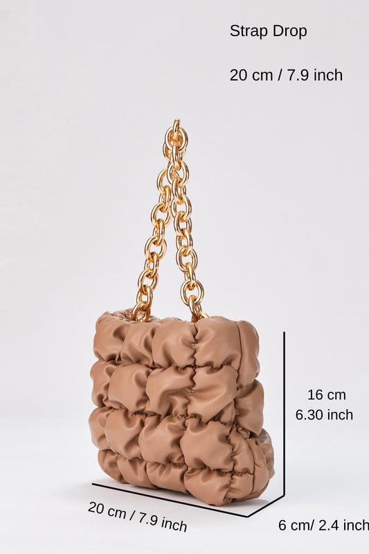Puffy Quilted chunky Chain Handbag - Nude