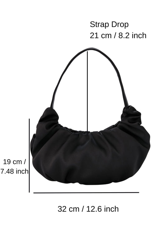 Pleated Satin Shoulder Bag - Black