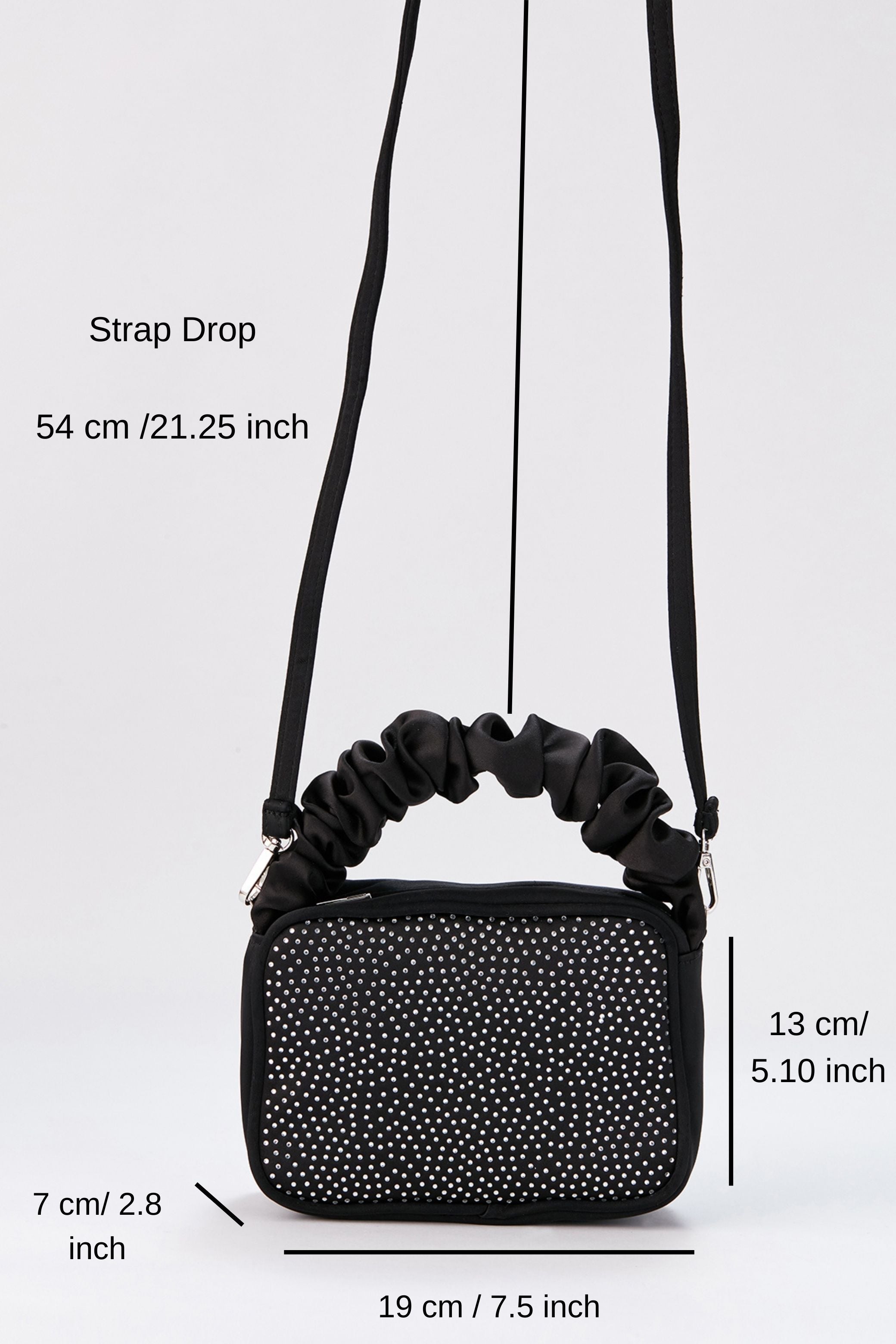 Diamente Evening Bag with Detachable Crossbody Strap - Black