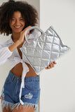 Quilted Tote Bag with Detachable Crossbody Strap - Silver