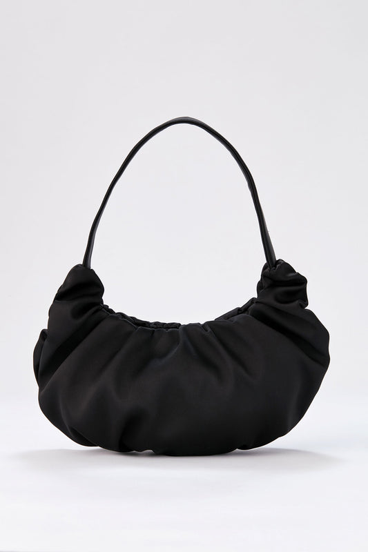 Pleated Satin Shoulder Bag - Black