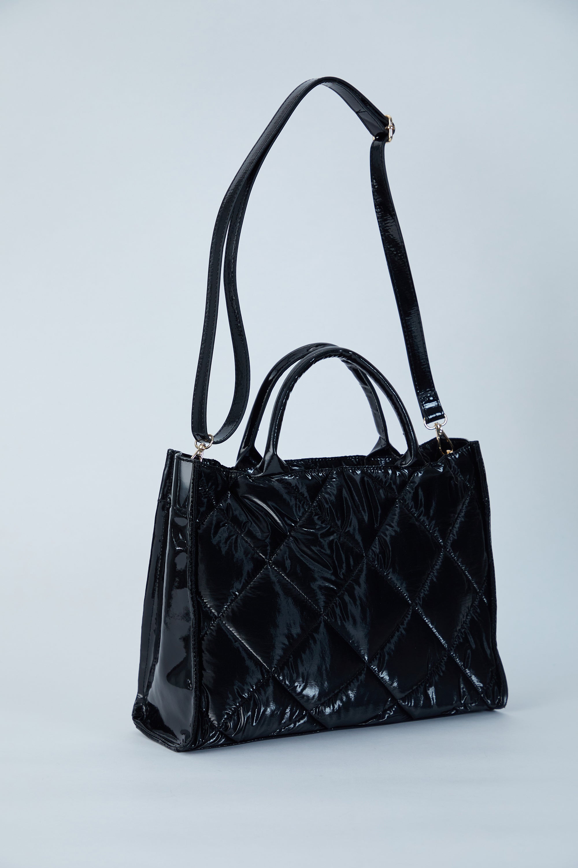 Quilted Tote Bag with Detachable Crossbody Strap - Black