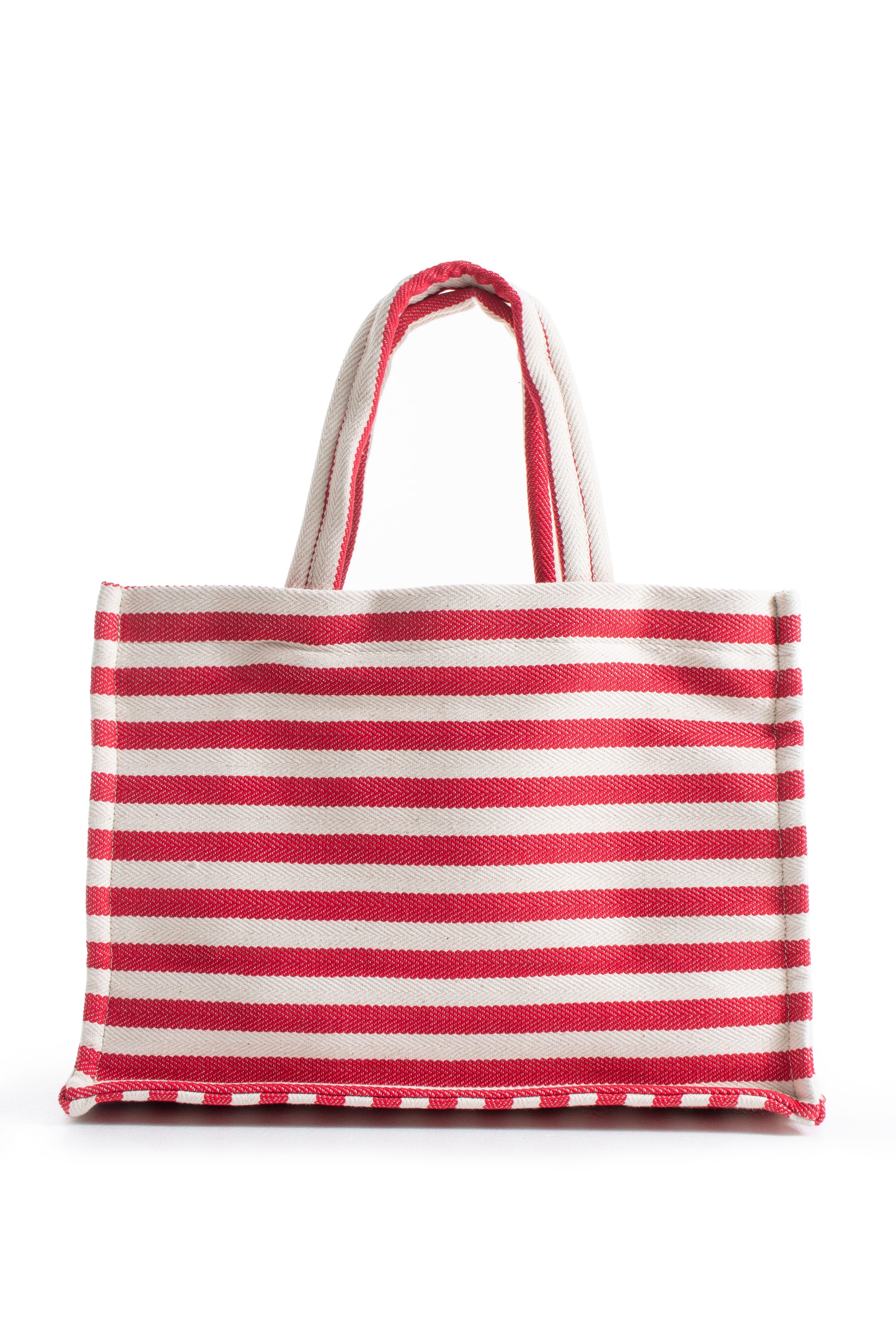 Striped Canvas Summer Tote Bag  with Matching Zipper Pouch 2 Pcs Set - Red